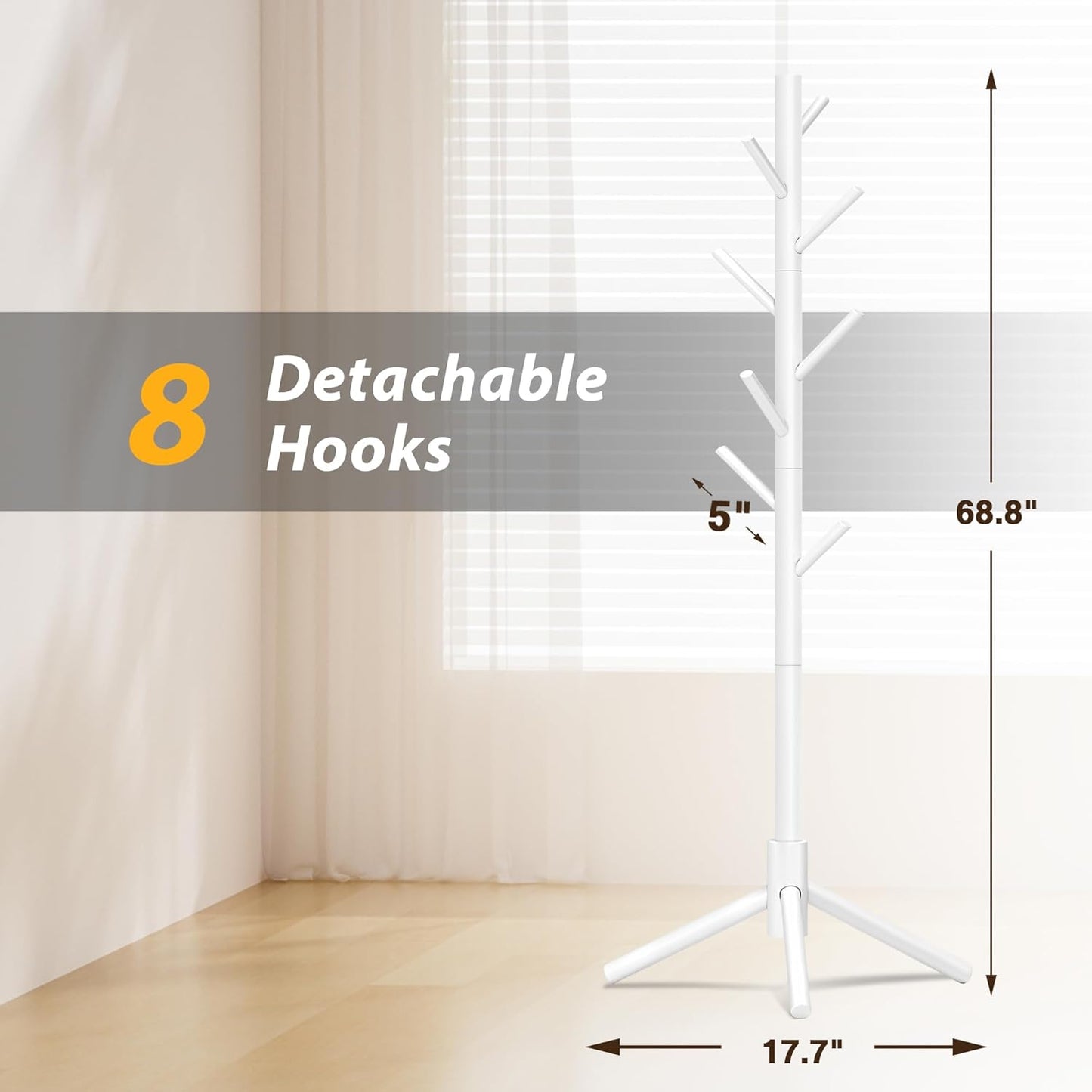 Wooden Coat Rack, Free Standing Coat Rack with 8 Hooks 3 Adjustable Heights for Clothes, Hats, Handbags, Coat Tree Easy Assembly for Entryway, Bedroom, Hallway, Office (New White)