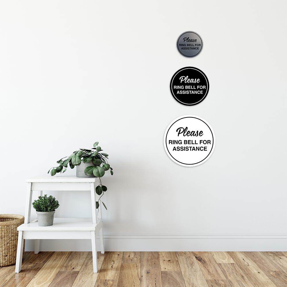 Signs ByLITA Circle Please Ring Bell For Assistance Wall or Door Sign | Easy Installation | Front Desk Reception Sign (Black/Silver) - Medium (1 Pack)