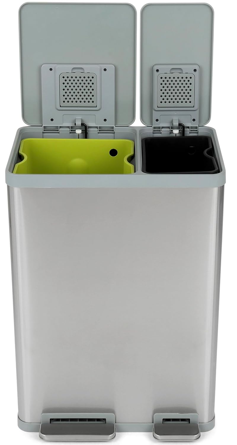 SIMPLI-MAGIC 16 Gallon (38L x 22L) Dual Compartment Step Trash Can – Kitchen Garbage Can with Waste & Recycling Bins – Slow-Close Lid, Odor Control, Hands-Free, Inner Bases, Brushed Stainless Steel