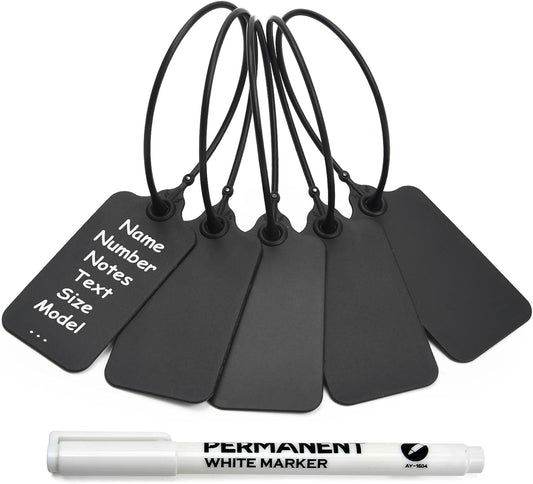 100 Black Blank Plastic Tags for Labeling Waterproof Hanging Labels Writable Tags Seal Plastic Marking Label for Clothes Bags Keys Inventory with One Marker Pen