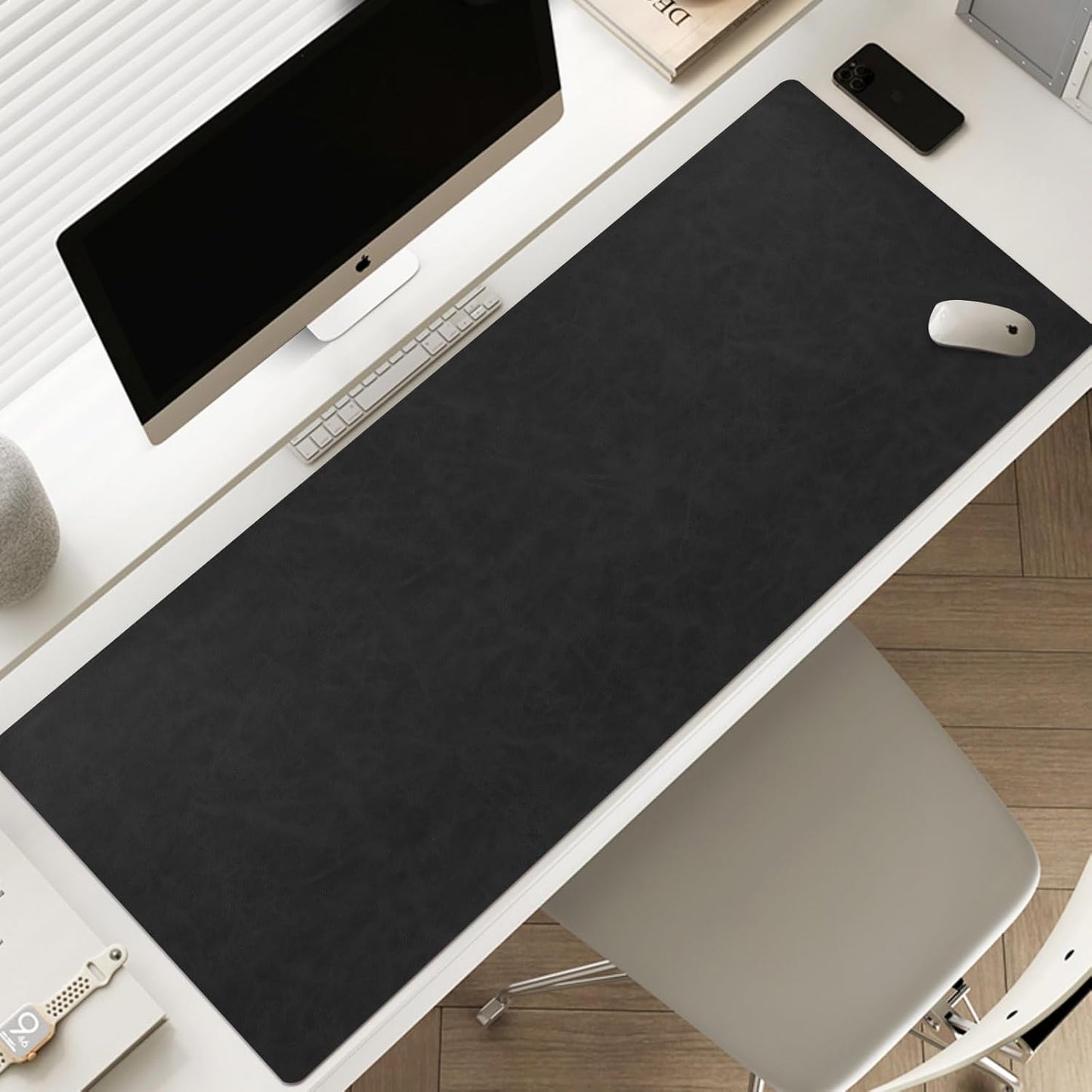 Leather desk pad for computer and laptops, Ideal for gaming and office use, Large mouse pad and keyboard mat, desk mat special for man. A complimentary wrist pad and phone stand. (Black, 17.7"x 39.37)