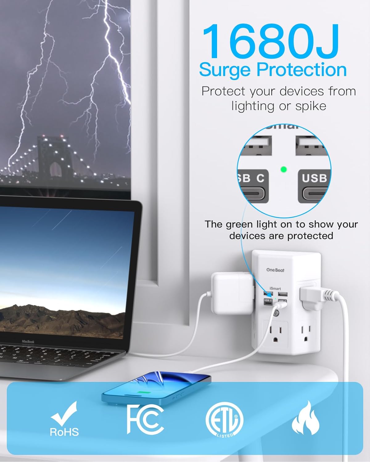 Surge Protector, 5 Outlets Extender with 4 USB Ports(USB C PD30W), 3-Side 1680J Power Strip Multi Plug Outlet Expander, USB Wall Charger, Outlet Splitter Adapter Wall Mount for Home Office(White)