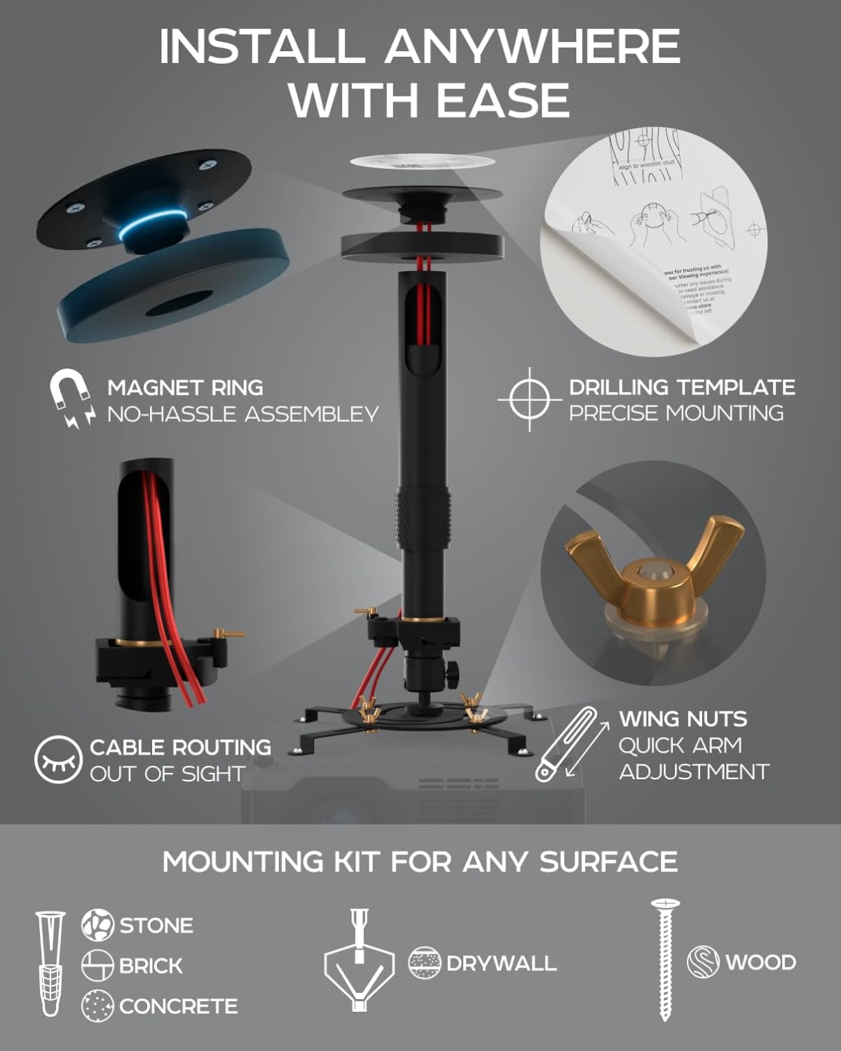 PropVue Universal Projector Mount - Adjustable Ceiling or Wall Mount for Office & Home Mini Projectors - Full Motion, Easy Installation, 360° Swivel, Extendable Length 13.8" to 21"