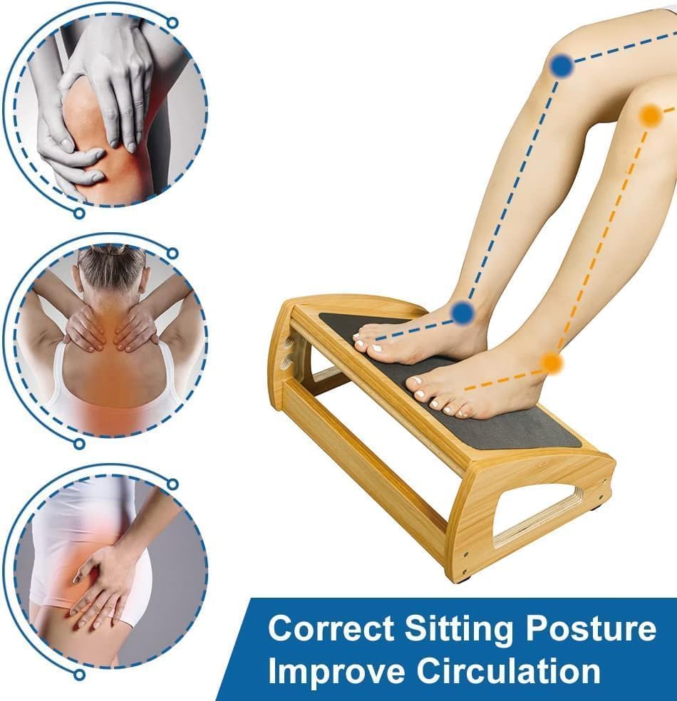 StrongTek Ergonomic Under Desk Footrest, 3 Adjustable Heights Wooden Office Footrest, Large Anti-Slip Surface, Improves Posture and Blood Circulation, up to 400lbs (Natural)