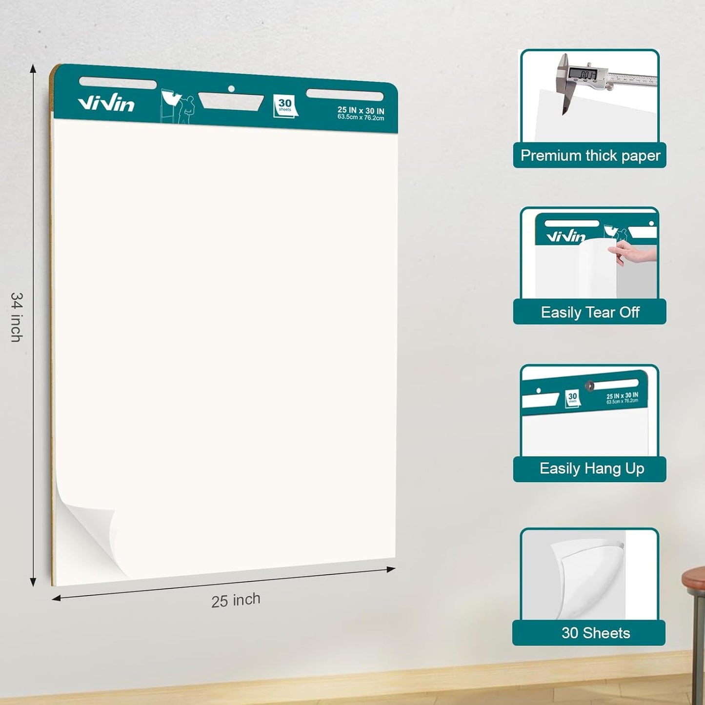 ViVin Super Sticky Easel Pad, 25 x 30 Inches Flip Chart Paper for Teachers, Large Self Stick Easel Paper, Teacher Anchor Chart, 30 Sheets/Pad, 6 Pads/Pack