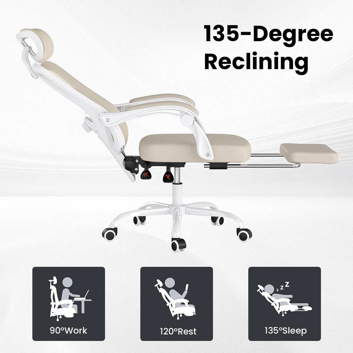 Farini Ergonomic Office Chair with Footrest, Mesh Office Desk Chair with Headrest, High Back Computer Chair with Adjustable Lumbar Support for Home Office Study Room Bedroom, White & Kakhi