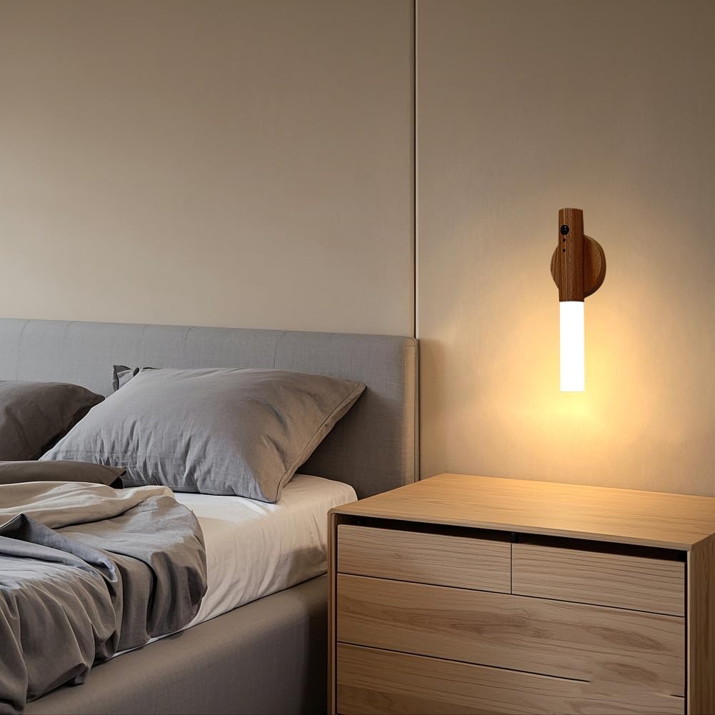 LANDGOO Motion Sensor Night Light RGB & Touch Control | USB-C Rechargeable Wooden Wall Sconce | Bathroom/Bedroom Light for Hallway, Stairs, Closet, Kids Room, Vanity, (Walnut Wood)