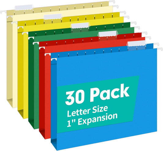 HERKKA Extra Capacity Hanging File Folders, 30 Pack Reinforced Letter Size Hanging Folders with Heavy Duty 1 Inch Expansion, Designed for Bulky Files, Medical Charts, Assorted Colors