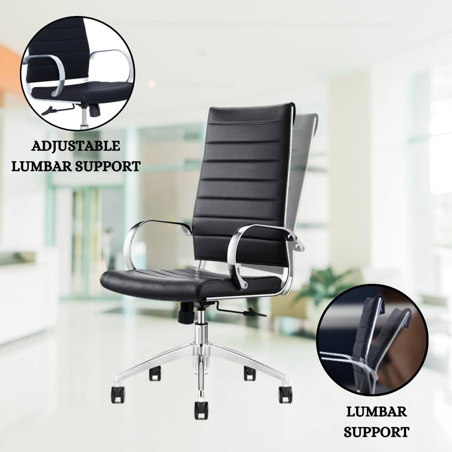 Ribbed High Back Conference Room Chairs - Lumbar Support, Modern Style Executive Chair for Home and Office - 360 Swivel Rolling Wheels - Aluminum Chrome Frame & Base - Black (Pack of 1)