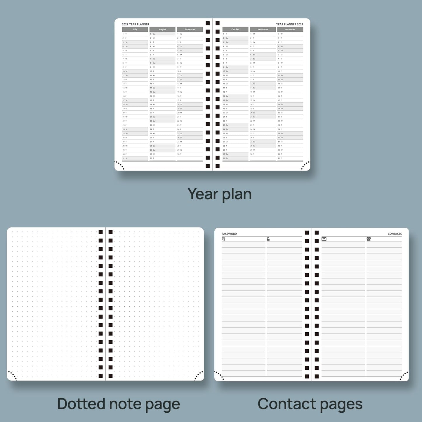 POPRUN 2026 Planner Weekly Notebook (Jan-Dec), Small Size 4''x 6.25'' - 2026 Pocket Calendar for Purse with Spiral Soft Cover, Plastic Ruler, Inner Pocket, 100 GSM - Cerulean Blue