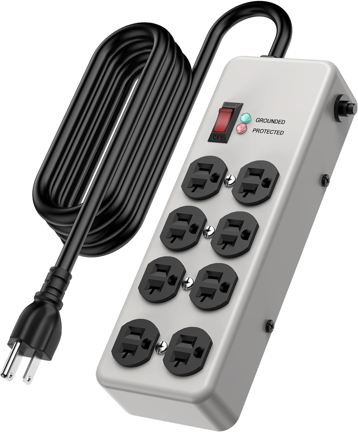 HEZI 20A Power Strip Surge Protector Durable Metal 8-Outlet with Heavy Duty 20 Amp Extension Cord,12 Gauge for Garage,Workshop & Industrial Use with 6-20R T-Slot Outlets,4800J(Grey,6FT)
