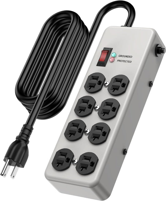 HEZI 20A Power Strip Surge Protector Durable Metal 8-Outlet with Heavy Duty 20 Amp Extension Cord,12 Gauge for Garage,Workshop & Industrial Use with 6-20R T-Slot Outlets,4800J(Grey,6FT)