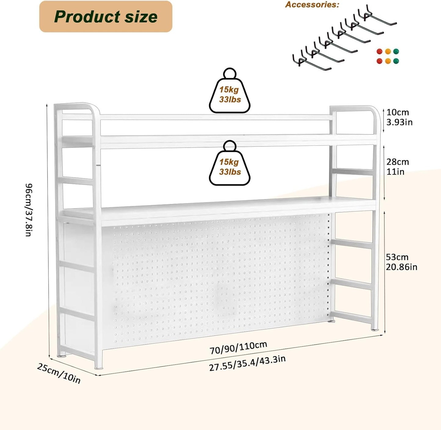 MDF Desk Hutch 2 Tier with Pegboard, Countertop Desktop Bookshelf, Storage Organizer Rack for Office, Home, Dormitory (white, 43.3in)