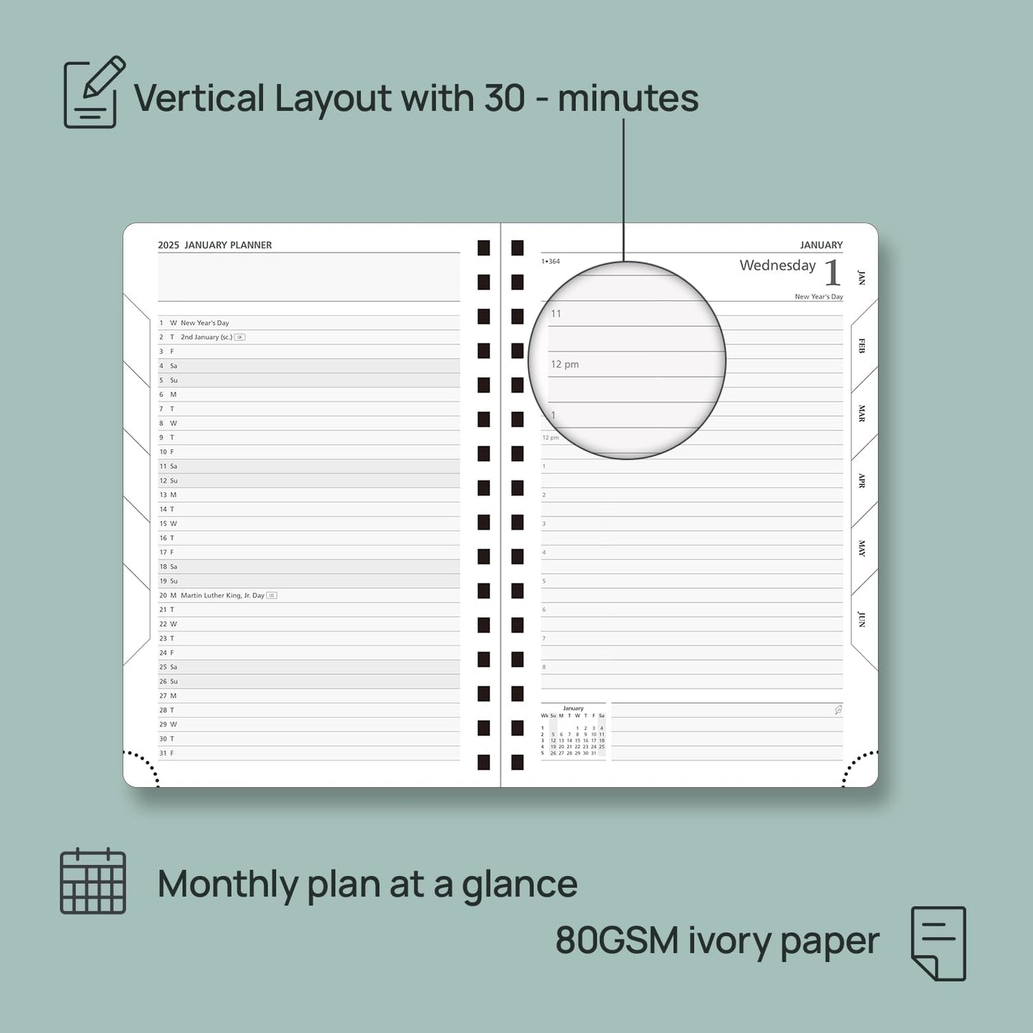 POPRUN Academic Daily Planner 2025-2026 One Page A Day - [5.75" x 8.5"- Spiral Hard Cover], Appointment Book (July 2025 - June 2026) with Monthly Calendar - Midnight Green