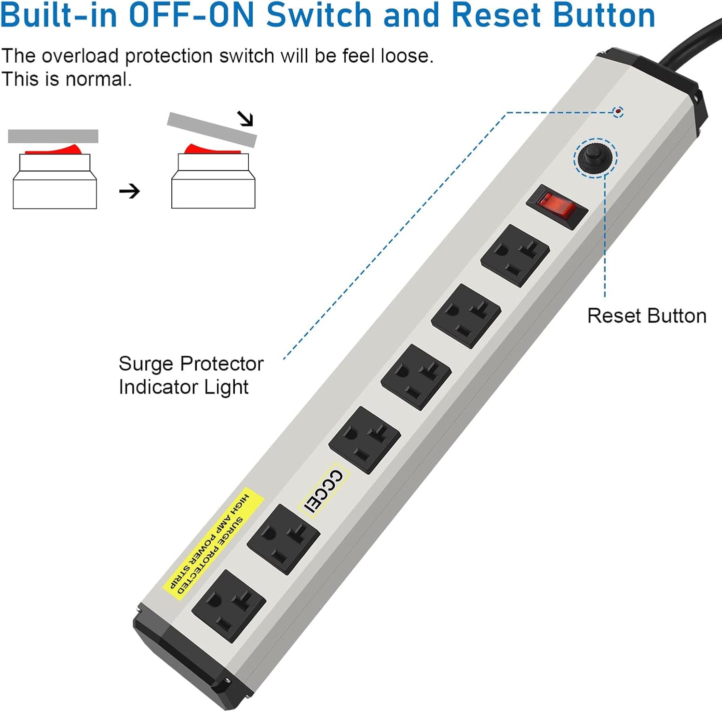 CCCEI Heavy Duty Power Strip Surge Protector 20 Amp, High Amp Industrial Shop Garage Metal Multiple Outlets, 15 FT 12 Gauge 5-15P Extension Cord 6 Outlet 6-20R T-Slot 20a for Appliance.