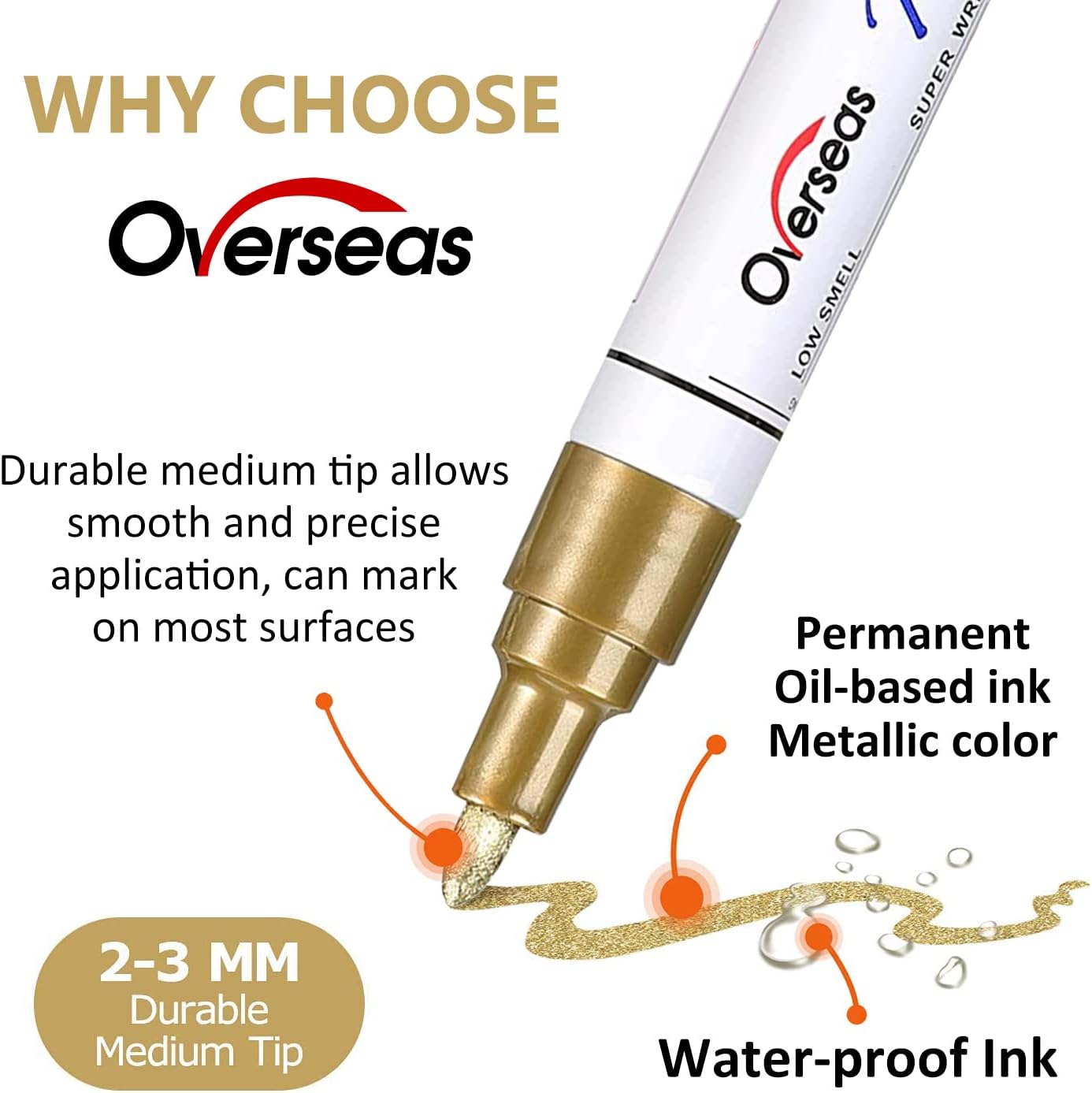 Overseas Permanent Paint Pens Gold Markers - 2 Pack Metallic Oil Based Paint Markers, Medium Tip, Quick Drying and Waterproof Marker Pen for Metal, Rock Painting, Wood, Plastic, Canvas, Mugs