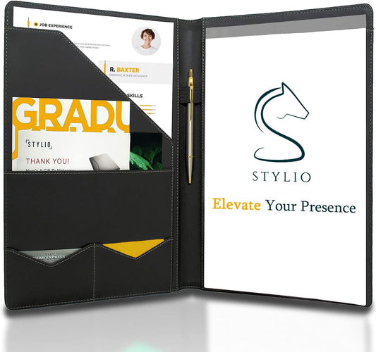 STYLIO Padfolio Portfolio Organizer Binder | Interview Resume Folder, Legal Document, Business Card Holder |w/Letter-Sized Notepad | Handsome Piano Noir Faux Leather Folio Matte Finish, Accent Stitch