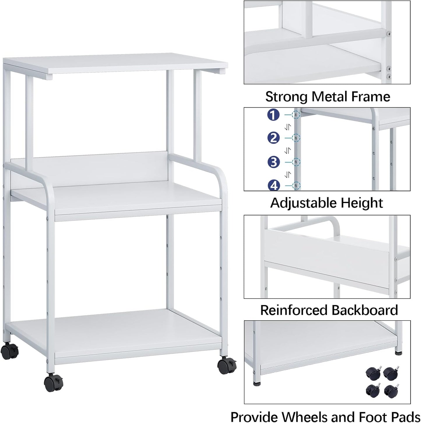 Printer Stand with Storage Shelf,3 Tier Printer Cart with Wheels,Mobile Printer Table for Home Office,Stands for Printer Heat Press Scanner Fax,Industrial Style (White)