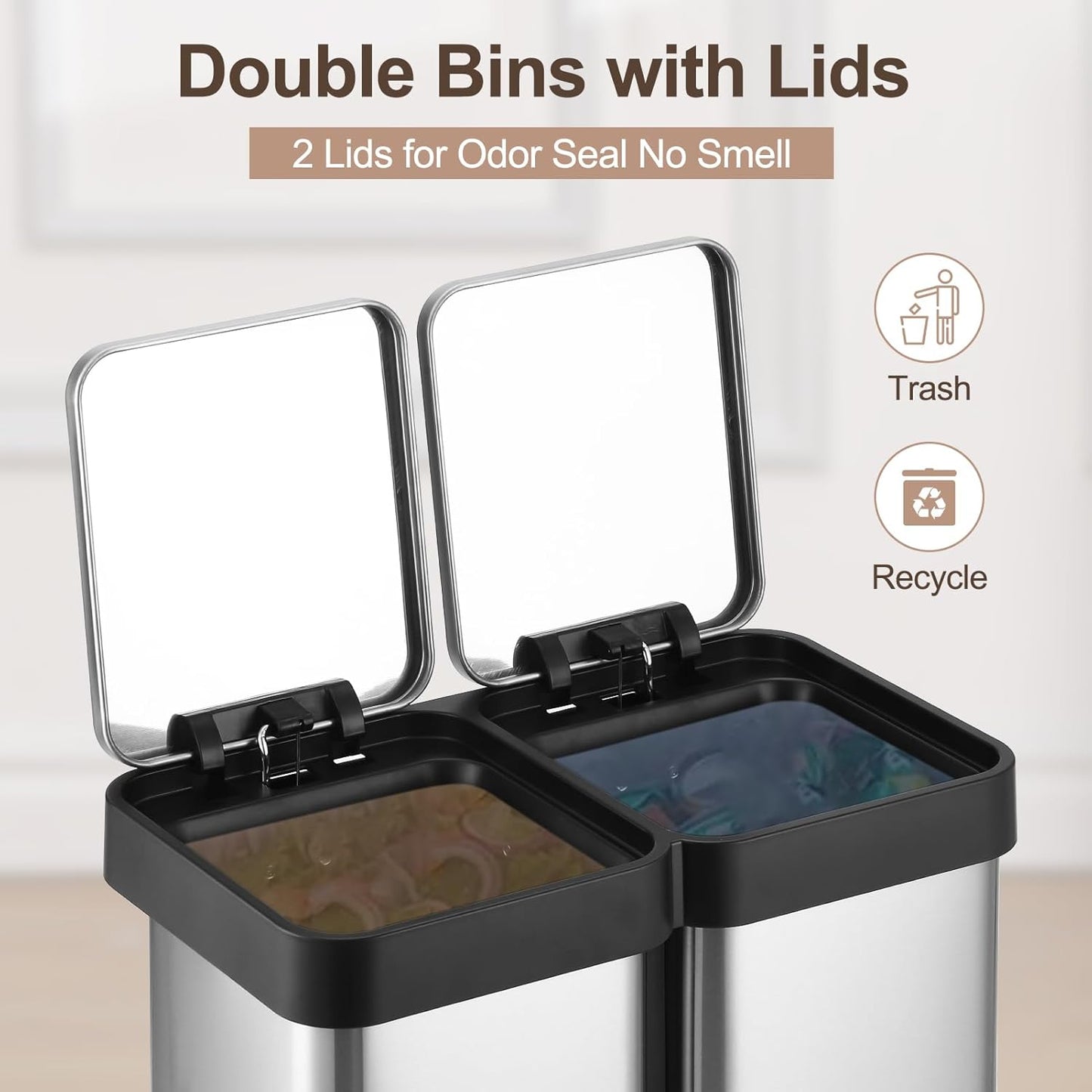 13 Gallon Dual Compartment Trash Can, 2 x 25L Fingerprint Resistant Stainless Steel Kitchen Garbage Can with 2 Soft-Close Lid & Foot Pedal for Kitchen Office Bathroom, Without Inner Bucke