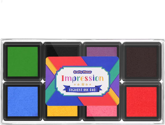 CraftyManor Mini 8 Color Pigment Ink Pads for Stamps, Fingerprint InkPads for Kids, Stamp Pad for Scrapbook Paper & Wood & Classroom & Clothing & Letter & Archival