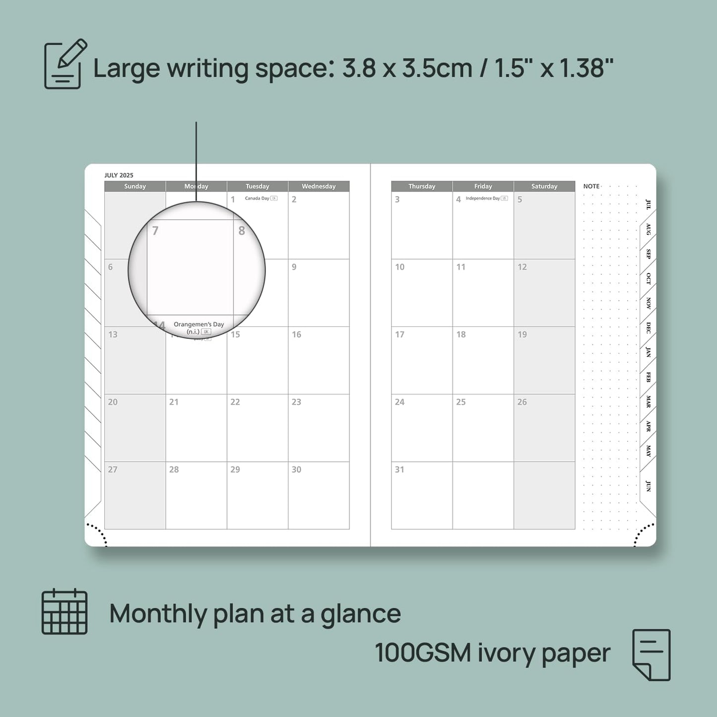 POPRUN Planner 2025-2026 Weekly Notebook (Medium 6.5''x 8.5'') Academic Calendar (JUL.25 - JUN.26) Appointment Book with Monthly Tabs, Leather Soft Cover, Inner Pocket, 100 GSM - Petrol Green