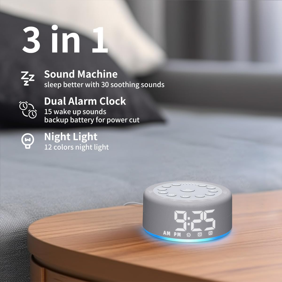 White Noise Sound Machine Alarm Clock Brown Noise Machine Night Light with Dual Alarms Backup Battery 30 Sleeping Sounds for Baby Kids Adults 32 Level Volume 5 Timers 15 Wake Up Sounds Memory Function