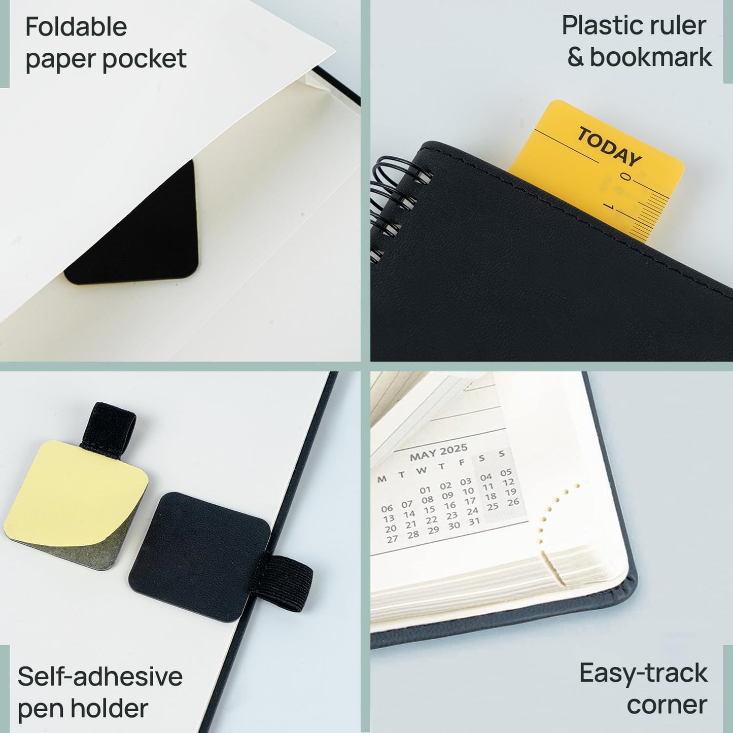 POPRUN Pocket Planner 2025-2026 (Purse Size 4'' x 6.25'') Academic Small Calendar (July 2025 - June 2026) with Hourly Time Slots, 100GSM Thick Papers, Spiral Leather Cover - Black