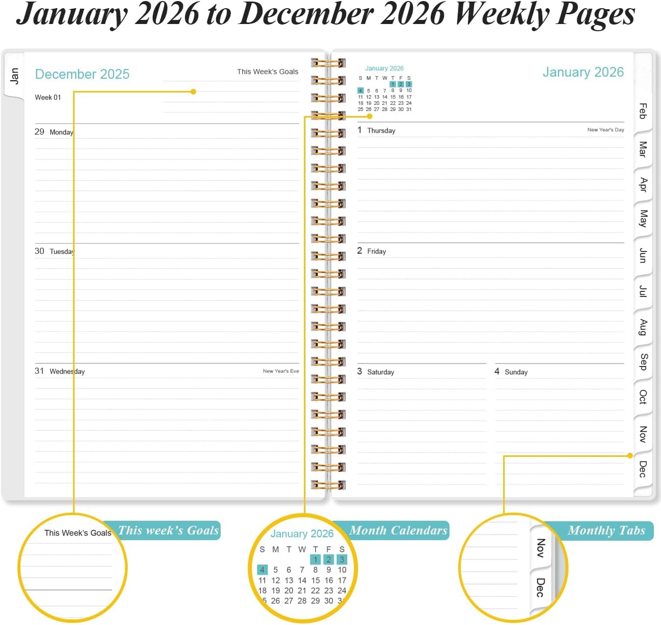 2026 Planner - Planner 2026 from January 2026 - December 2026, Weekly & Monthly Planner Spiral Bound with 12 Monthly Tabs, Inner Pocket, 6.4" x 8.5", Blue Flower