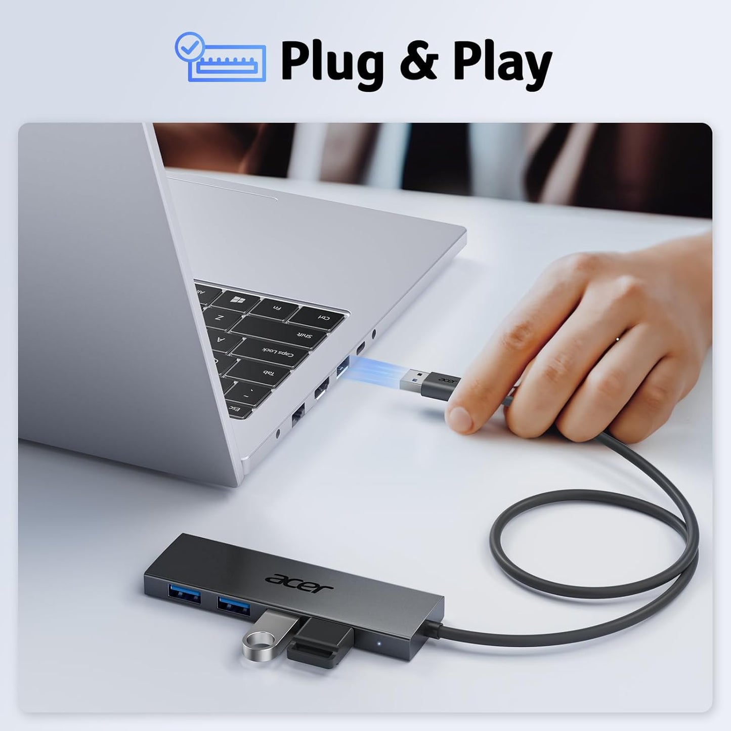 Acer USB Hub 4 Ports, Multiple USB 3.0 Hub, USBA Splitter for Laptop with Type C Power Port, Extender for A Port Laptop, PC, Desktop and More (0.7ft)