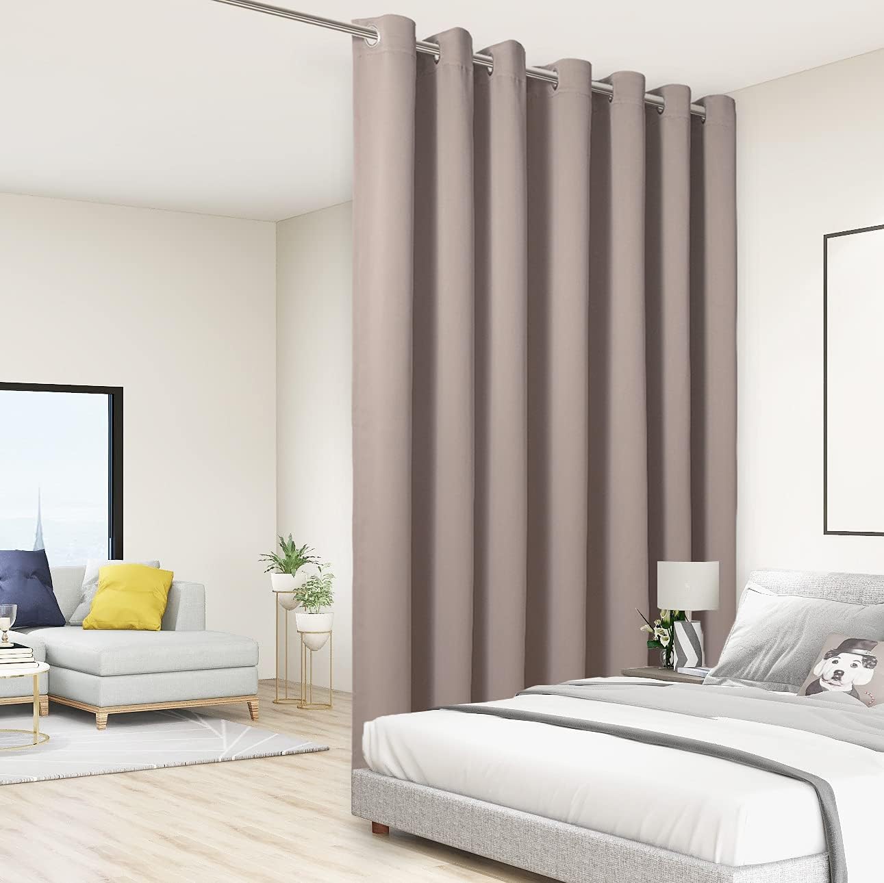BONZER Room Divider Curtain Total Privacy Wall Noise Reducing Extra Wide Blackout Curtains for Patio Sliding Glass Door, 96L x 150W Inch (8L x 12.5W ft), 1 Panel, Khaki