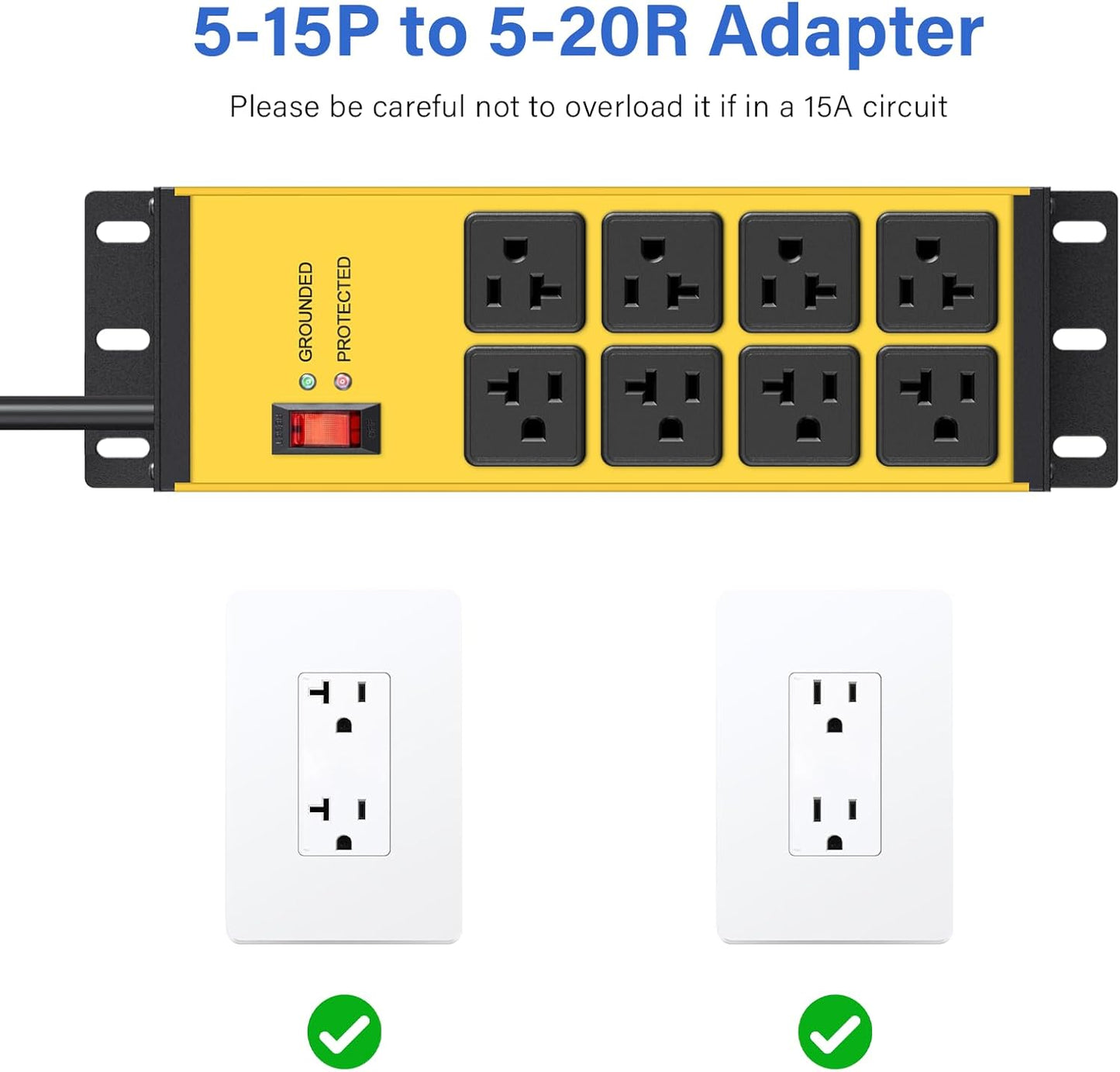 CCCEI Magnetic Heavy Duty Power Strip Surge Protector 20Amp, 12 Gauge High Amp Extension Outlets, Garage Wall Mount 8 Plug Metal Power Strip. 15FT, Yellow, 5-15P Adapter 6-20R T-Slot 20a for Appliance