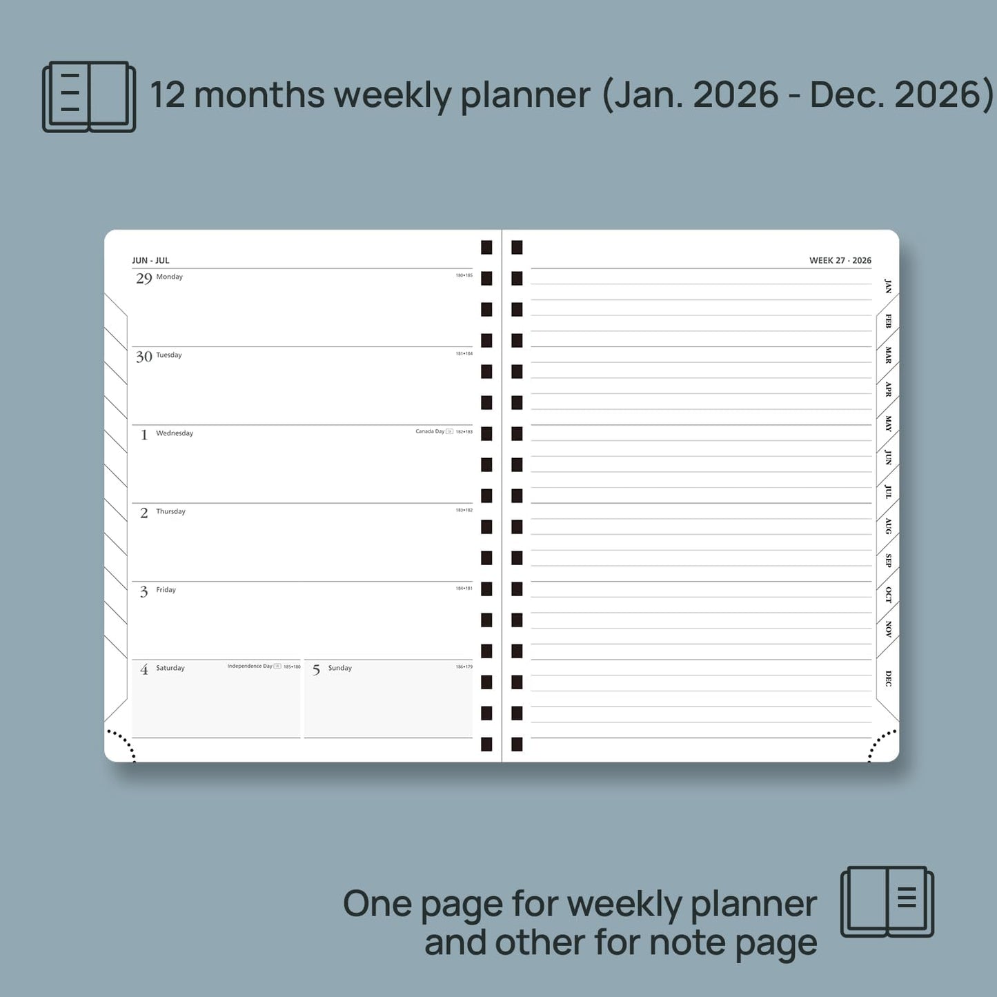 POPRUN 2026 Planner Weekly Notebook (Jan-Dec), Medium 8.5''x 6.5'' - Agenda 2026 Calendar Book with Monthly Tabs, Inner Pocket, Spiral Soft Cover, 100 GSM - Petrol