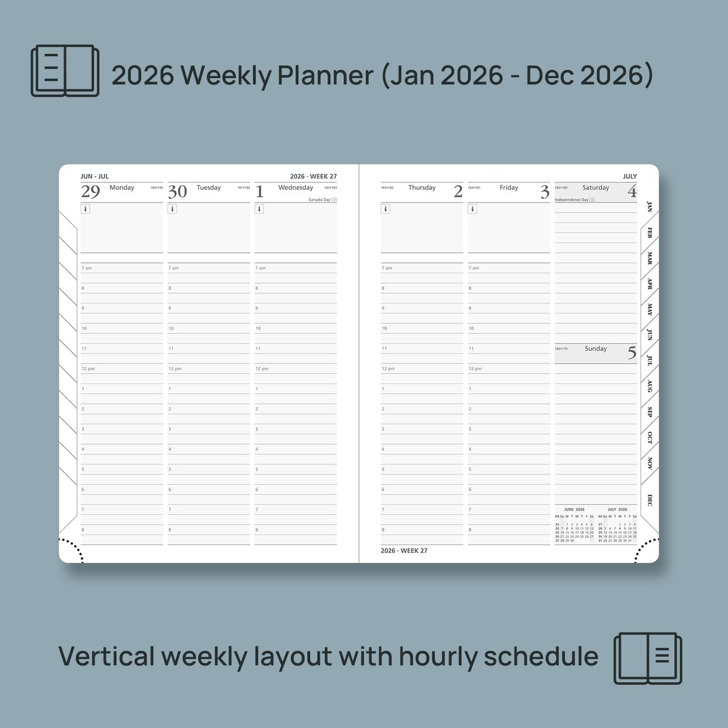 POPRUN 2026 Planner (Medium - 6.5'' x 8.5'') - 2026 Weekly Calendar ((Jan. 2026 - Dec. 2026) with Hourly Time Slots, Weekly/Monthly Appointment Book for Time Management - Leather Soft Cover - Brown