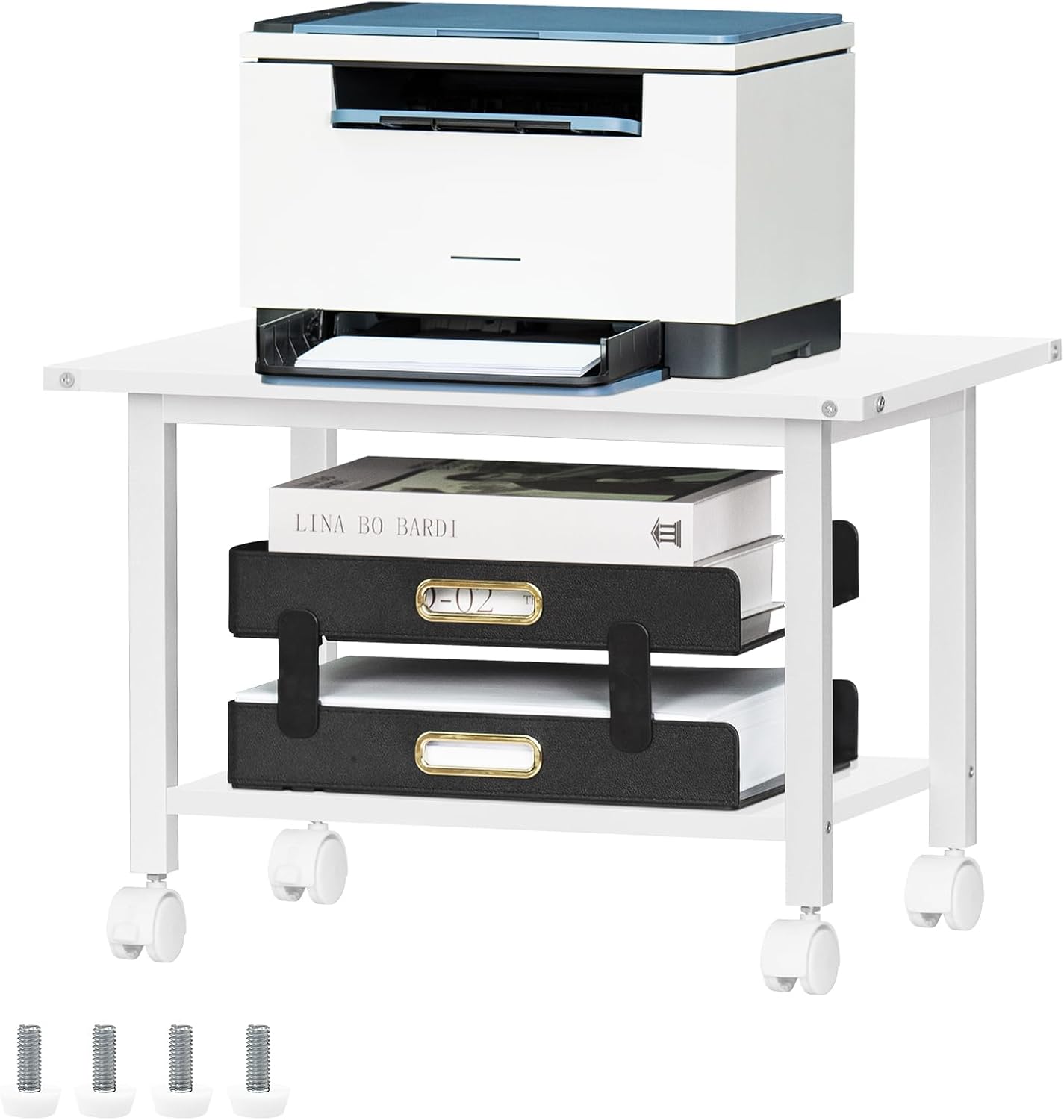 Lerliuo Under Desk Printer Stand, 2-Tier Industrial Mobile Printer Table with Storage Shelf and Steel Frame, Rolling Printer Cart Holder with Lockable Wheels for Home, Office (White)