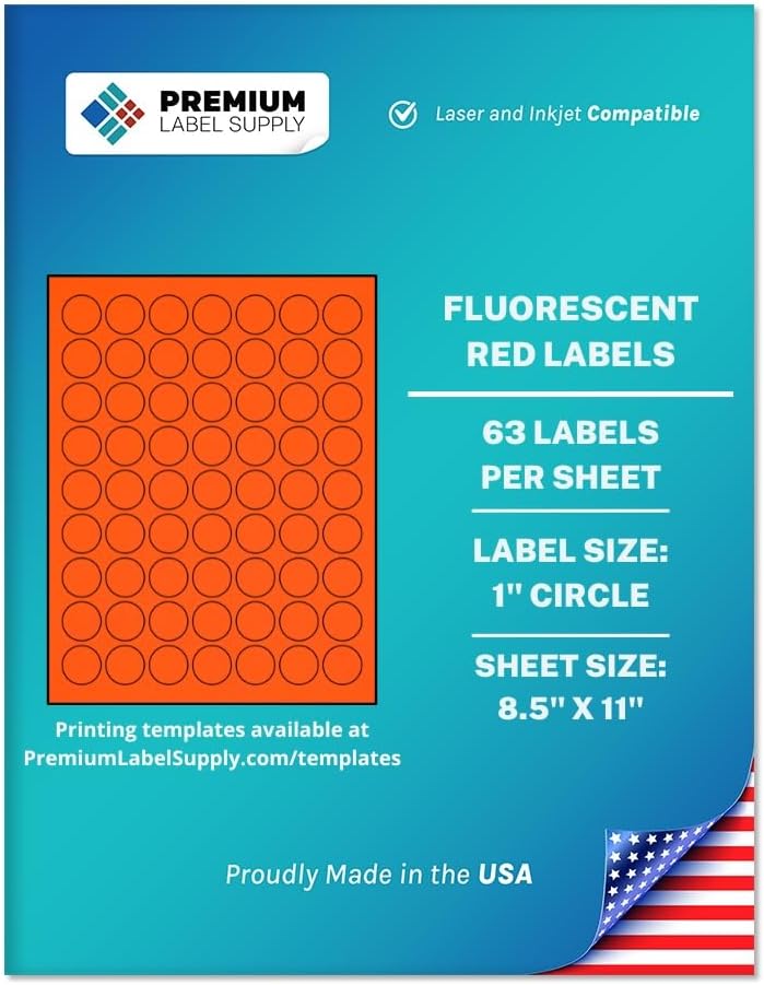 Premium Label Supply Bright Neon Color Fluorescent Sticker Labels - 1" Round Labels - (Fluorescent Red, 6,300 Labels)