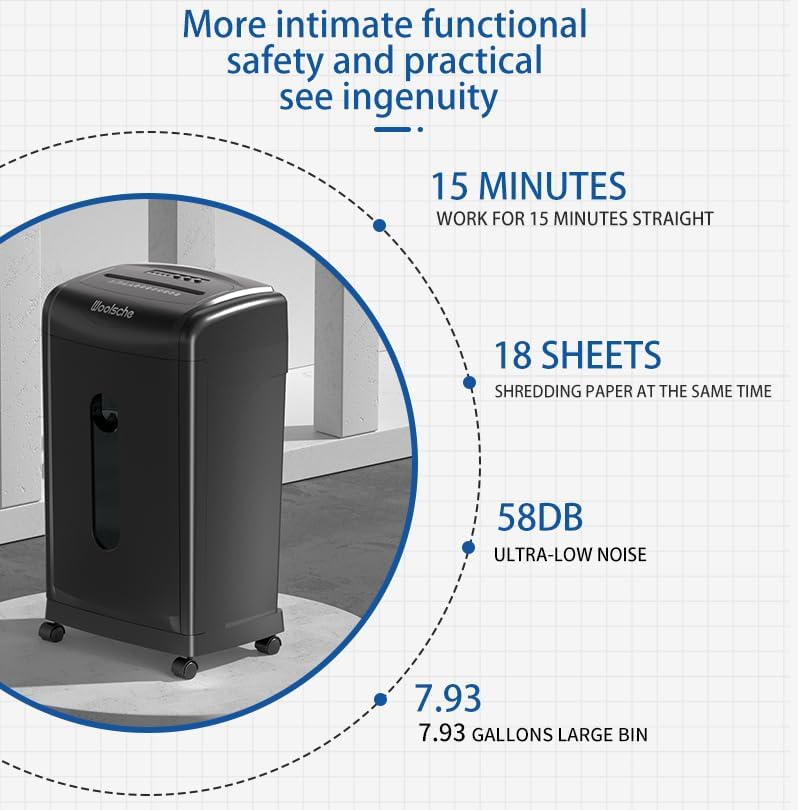 Shredder, 18-Sheet Cross Cut, 7.93Gallon Pull Out Bin, P-4 Security Level, Shred Paper/Card/CD, Durable&Fast with Auto Jam Proof System for Office