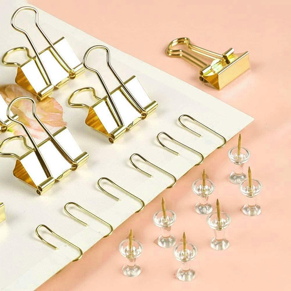 Gold Paper Binder and Clips Set, Metal Assorted Sized Binders with Push Pins, Cute Office Supplies, Teacher Desk Must Haves, Desk Accessories