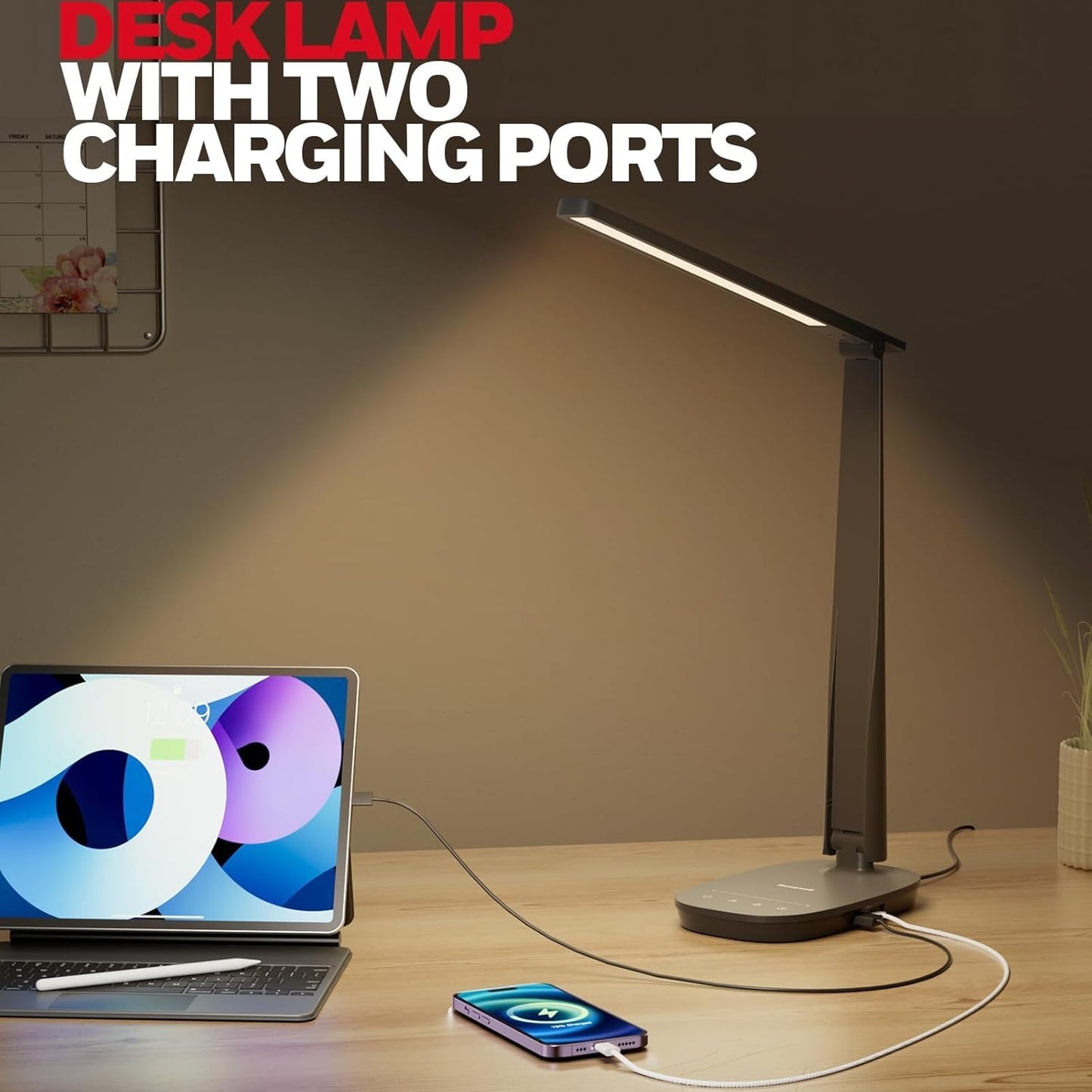 HONEYWELL LED Desk Lamp - HWT-H2 Sunturalux™ Eye-Caring Foldable Desk Light with USB A+C Dual Charging Port 4 Color Modes Dimmable Table Lamp for Home Office Bedroom Reading Study Work - Black