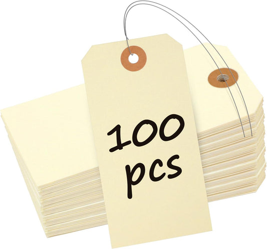 Uniclife 100 Pcs Manila Tags: 4.7 Inch Paper Hang Tags with Reinforced Eyelet and Flexible Wire