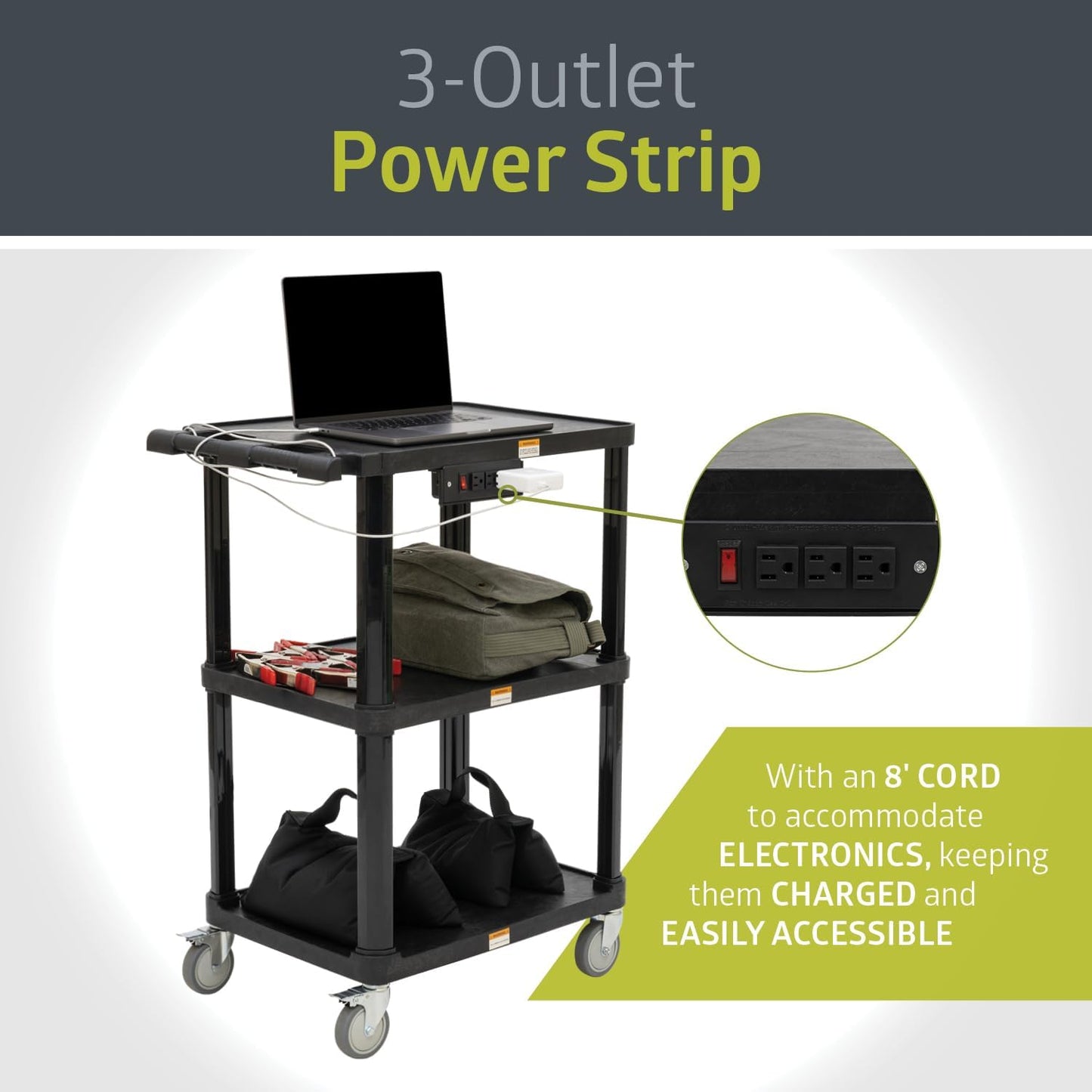 Pearington 3-Shelf Mobile Utility Cart with 3 Outlets and 8' Cord, Heavy-Duty Service Cart for Offices and Warehouses with 3 Shelves, Black, 2 Pack