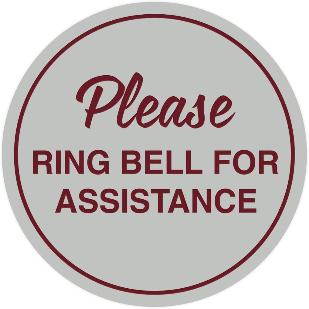 Signs ByLITA Circle Please Ring Bell For Assistance Wall or Door Sign | Easy Installation | Front Desk Reception Sign (Light Grey/Burgundy) - Medium (1 Pack)