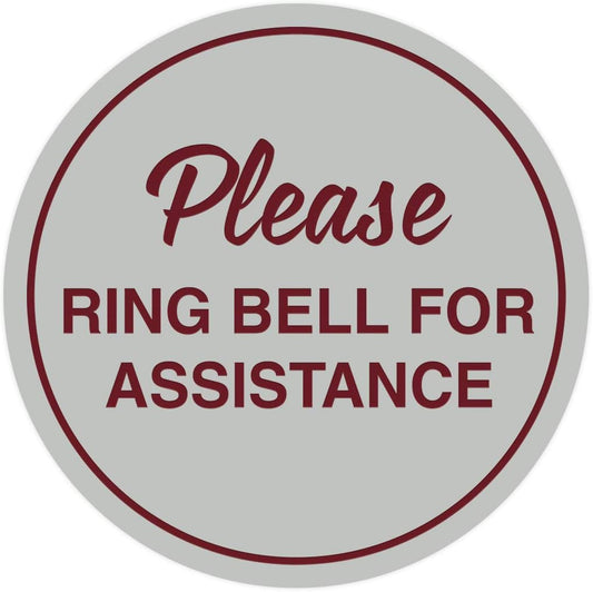 Signs ByLITA Circle Please Ring Bell For Assistance Wall or Door Sign | Easy Installation | Front Desk Reception Sign (Light Grey/Burgundy) - X-large (5 Pack)