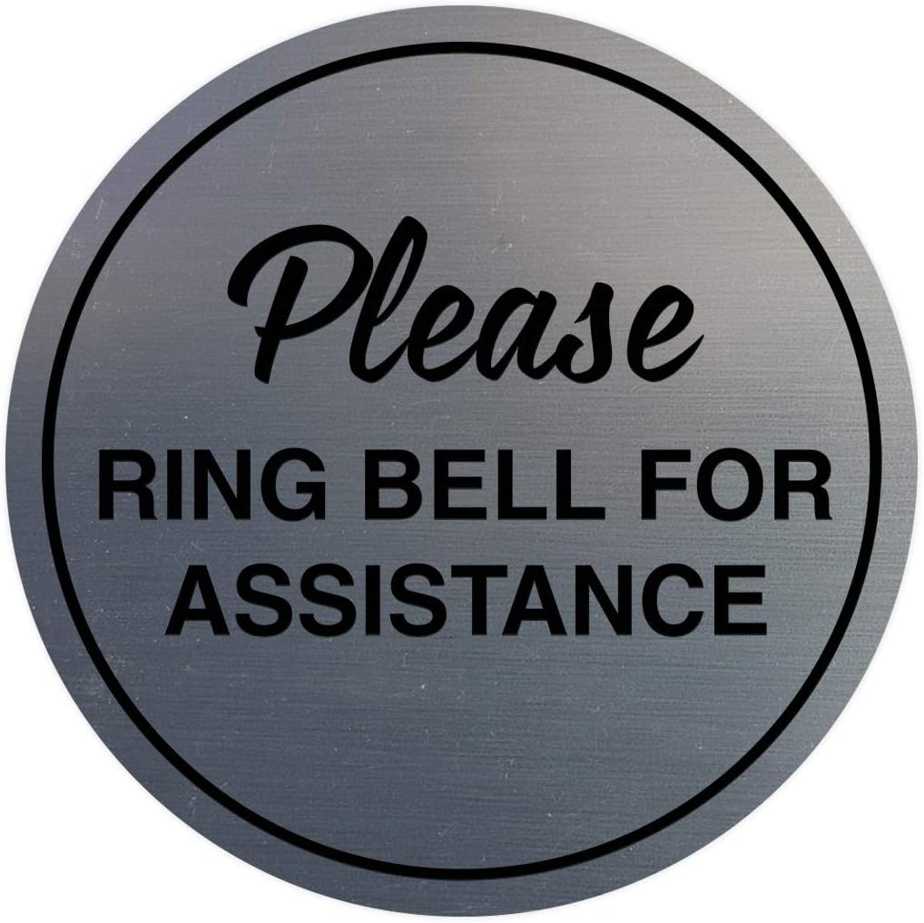 Signs ByLITA Circle Please Ring Bell For Assistance Wall or Door Sign | Easy Installation | Front Desk Reception Sign (Brushed Silver) - Small (10 Pack)