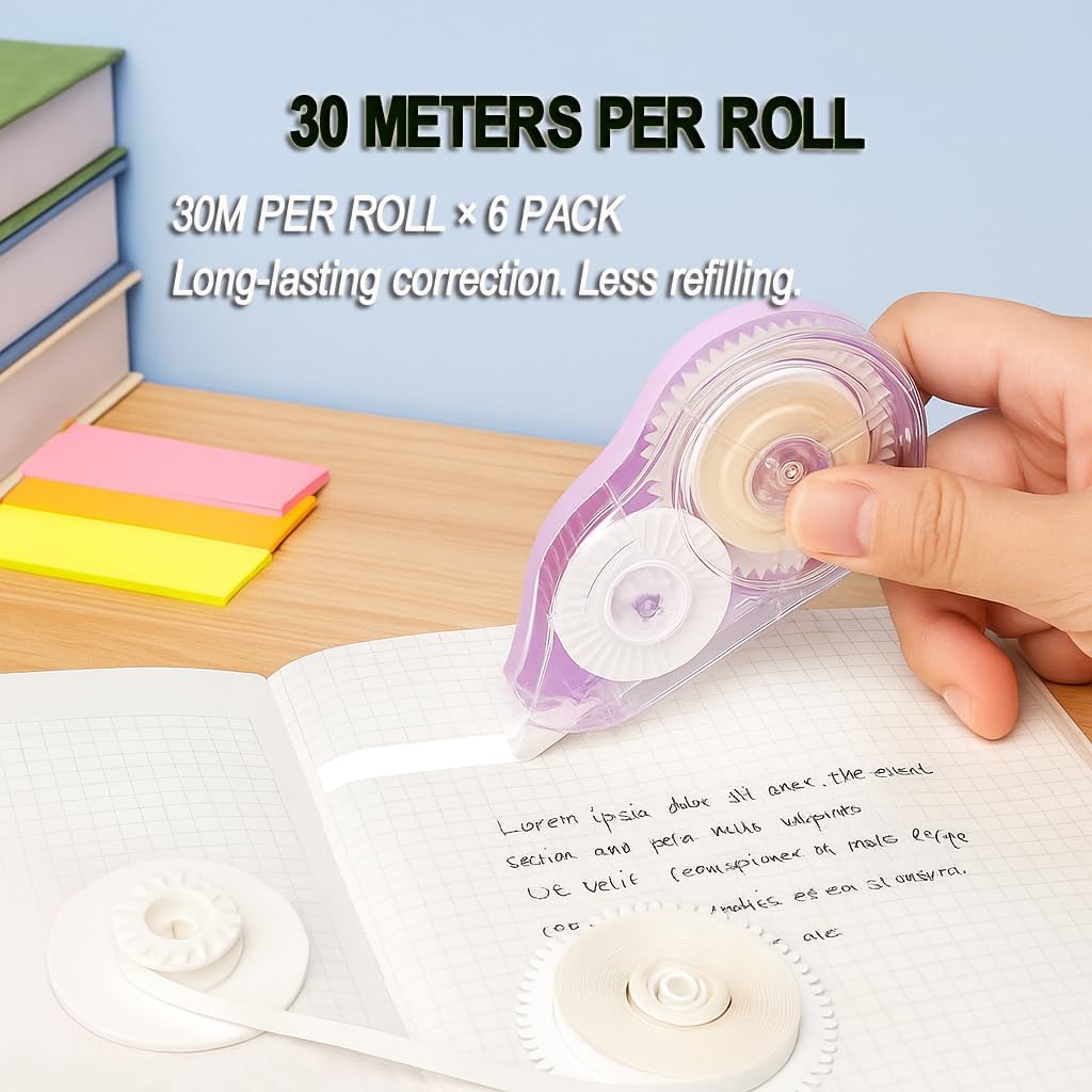6 Pack Extra-Long Correction Tape – 98ft (30m) Each, Total 590 ft – High Capacity White Out Tapes, Smooth & Precise, Tear-Resistant, No Mess, Easy-to-Use Dispensers for Office, School & Home Supplies