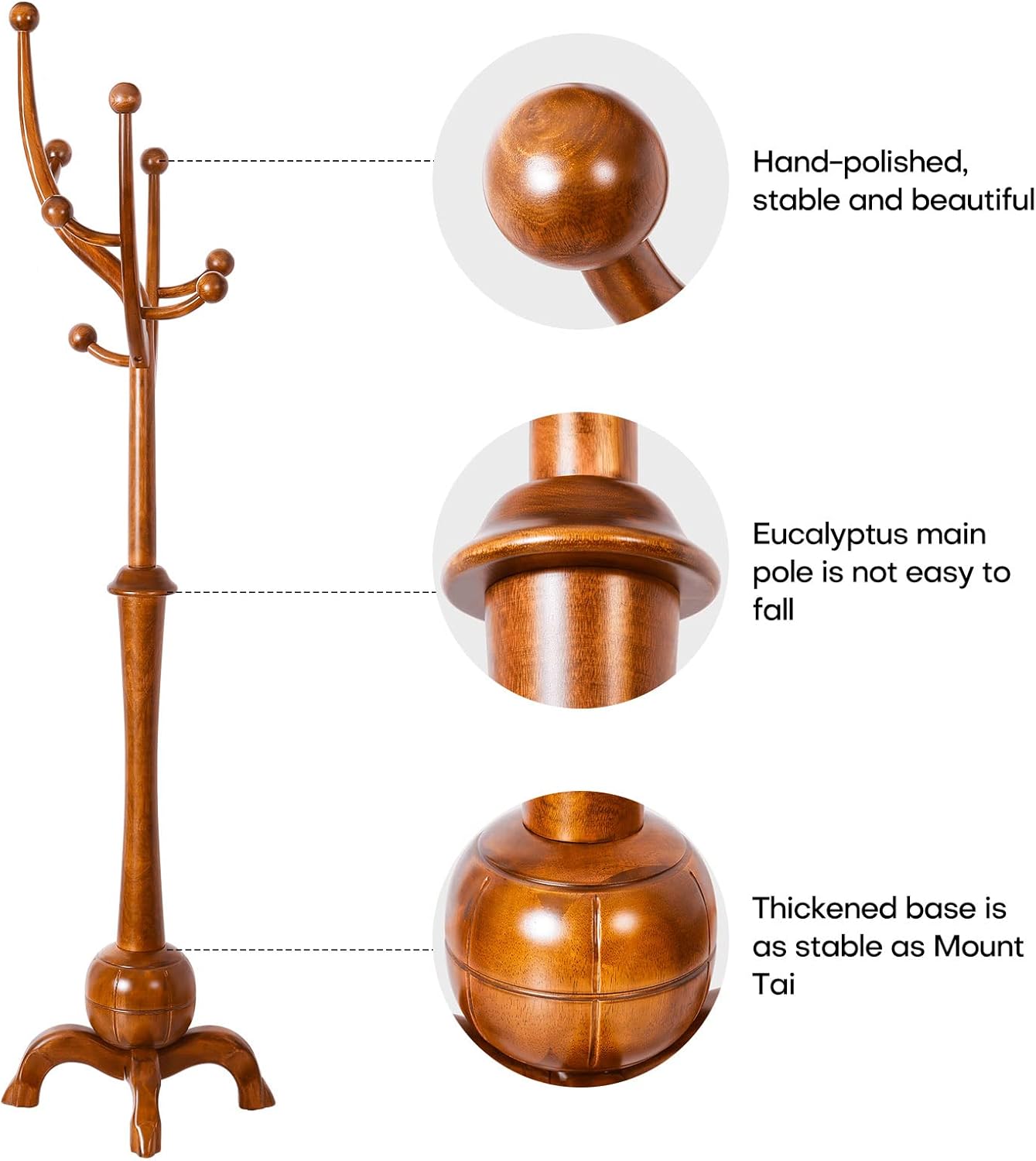 Coat Rack Freestanding Wood Tree Rack with 8 Hooks, Creative Design Tree Branch-look, Coat Tree Clothes Hanger Stand with Stable Sphere Base for Entryway, Hallway, Bedroom - Load 160lbs (Light Brown)