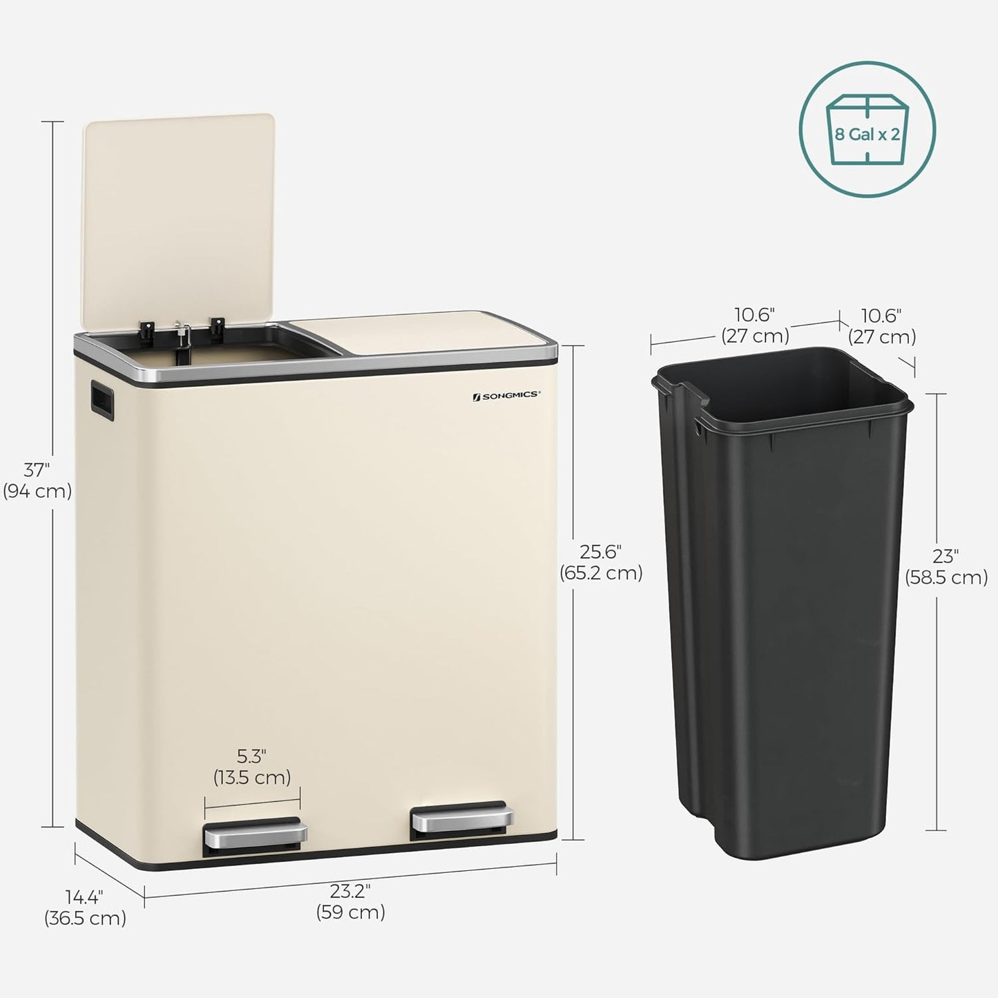 SONGMICS Trash Can, 2 x 8 Gallon (2 x 30 L) Garbage Can for Kitchen, with 15 Trash Bags, 2 Compartments, Plastic Inner Buckets and Hinged Lids, Airtight, Almond Color ULTB201A01