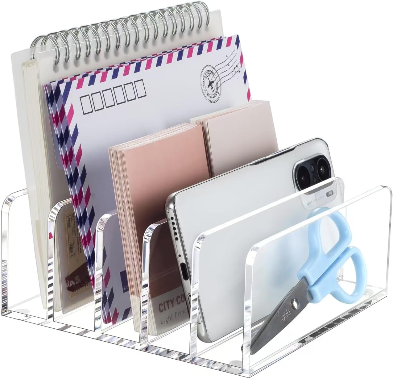 BEYGORM Acrylic Mail Holder, Clear Multifunction Desk Organizer with Divider, Vertical Letter Sorter for Desktop, 5 Compartments Modern Office Home Envelope Organizer for Bill, Document, Notebook