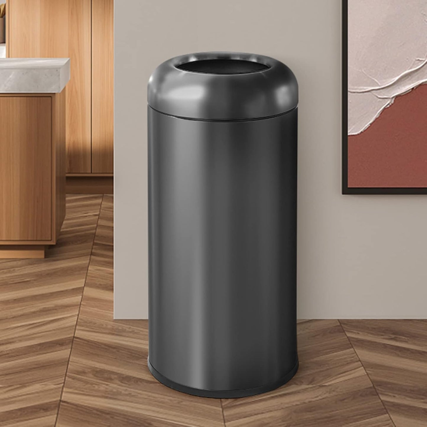 BEAMNOVA 16.5 Gallon Trash Can Black Open Top Outdoor Indoor Commercial Stainless Steel Industrial Waste Basket Container, Metallic Black Large Garbage Enclosure with Lid