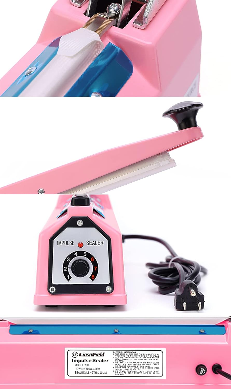 Sealer Pro - 8 inch Impulse Heat Sealer - 2mm Sealing Width - Manual Heat Sealer Machine for All Bags - Most Heavy Duty for Strong, Secure Sealing for Long Term Food Storage - Extra 2 Replacements, 2 Fuses Included(Pink)