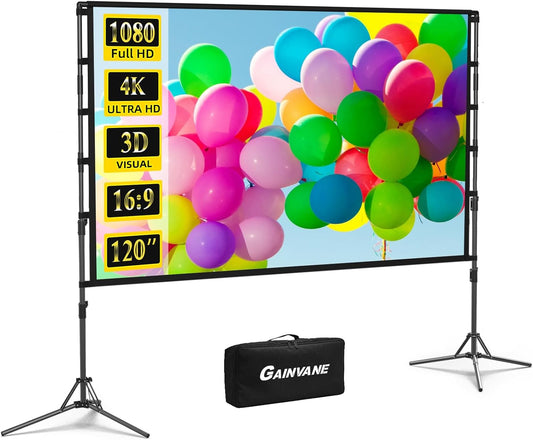 Projector Screen and Stand,GAINVANE 120 inch Portable Projector Screen Indoor Outdoor Projection Screen 16:9 4K HD Wrinkle-Free Light-Weight Movie Screen with Carry Bag for Backyard Movie Night